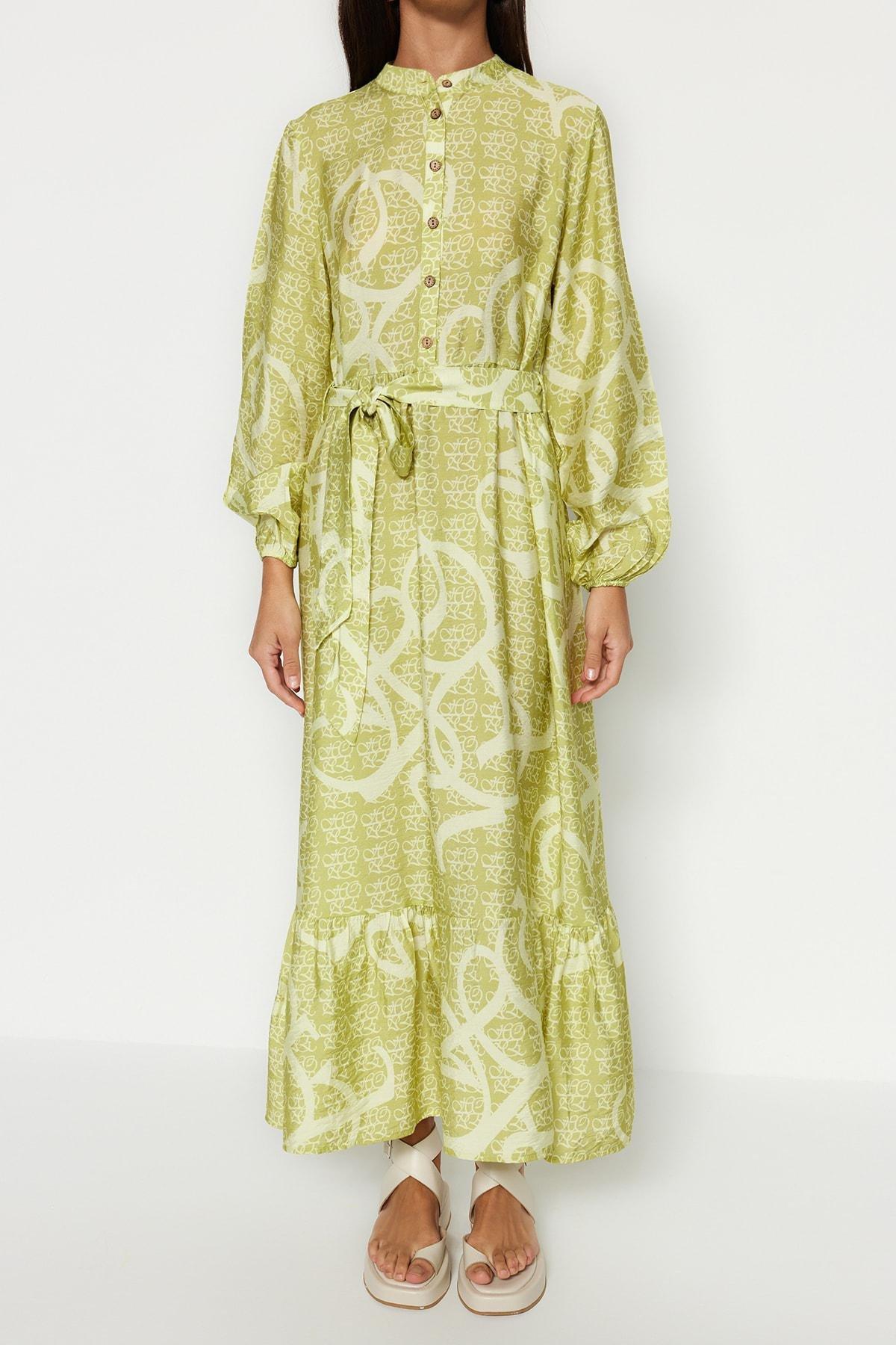 Green Belted Woven Patterned Dress, , large image number 3