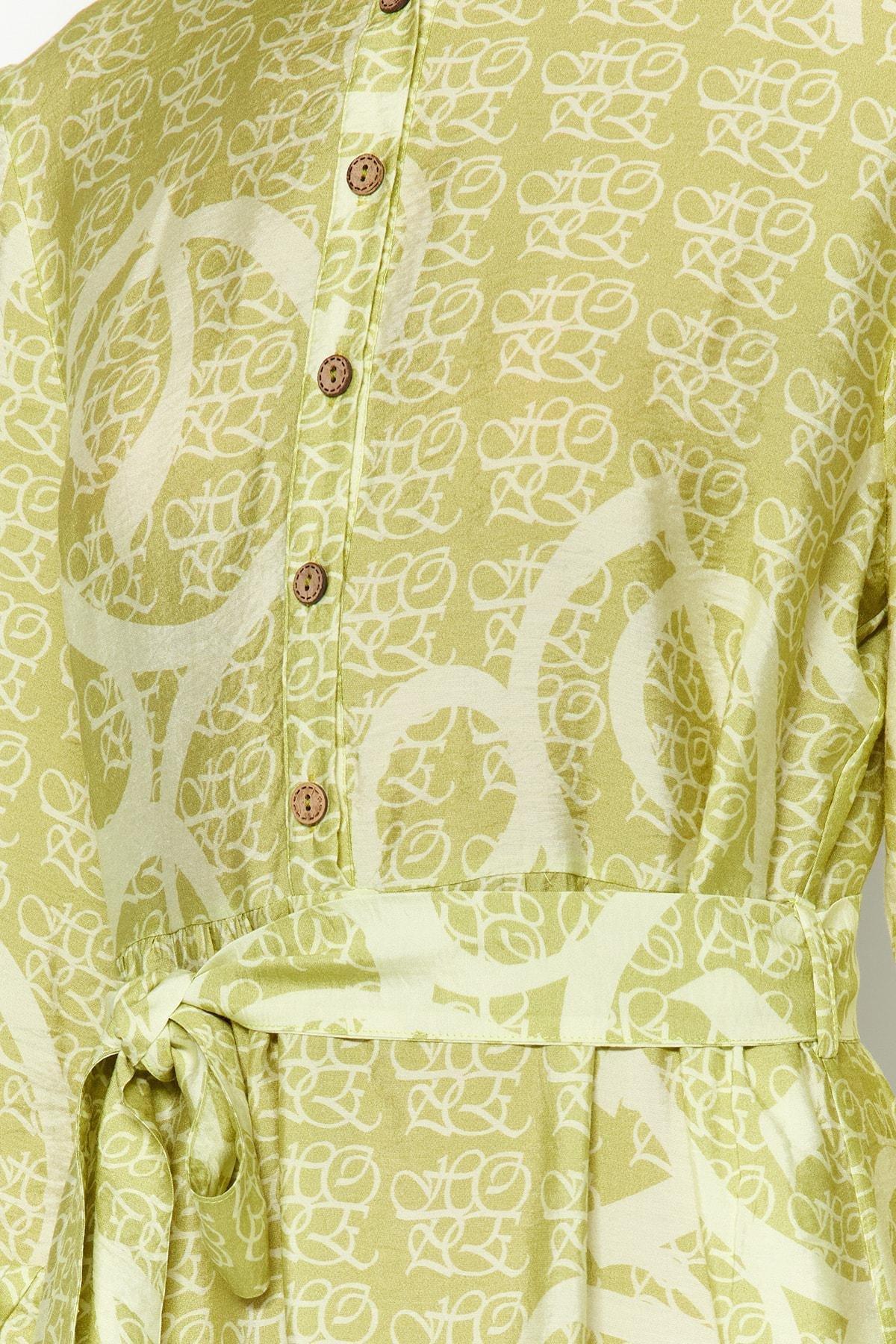 Green Belted Woven Patterned Dress, , large image number 4