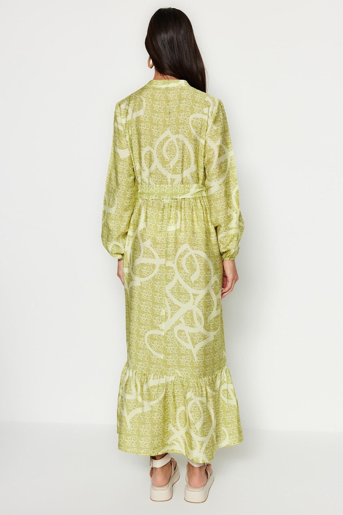 Green Belted Woven Patterned Dress, , large image number 5