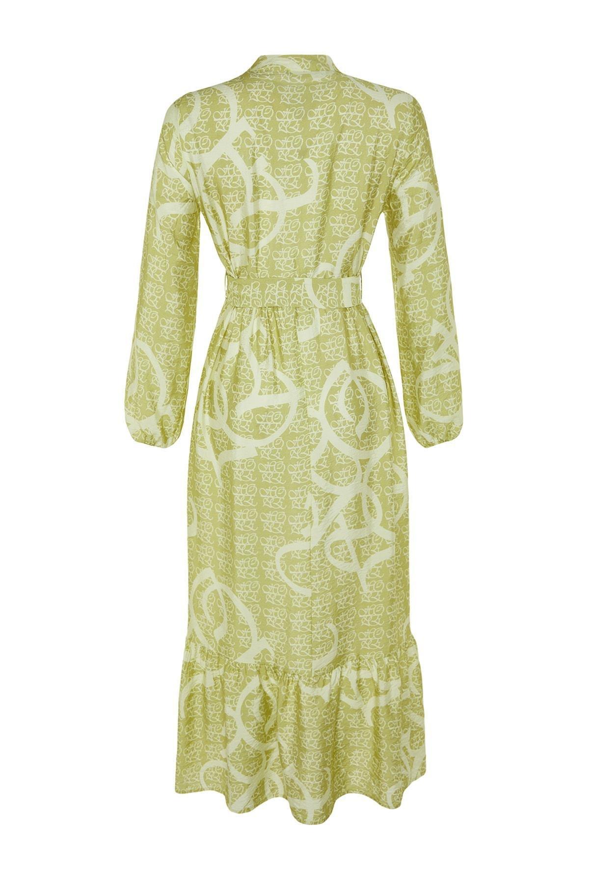 Green Belted Woven Patterned Dress, , large image number 7