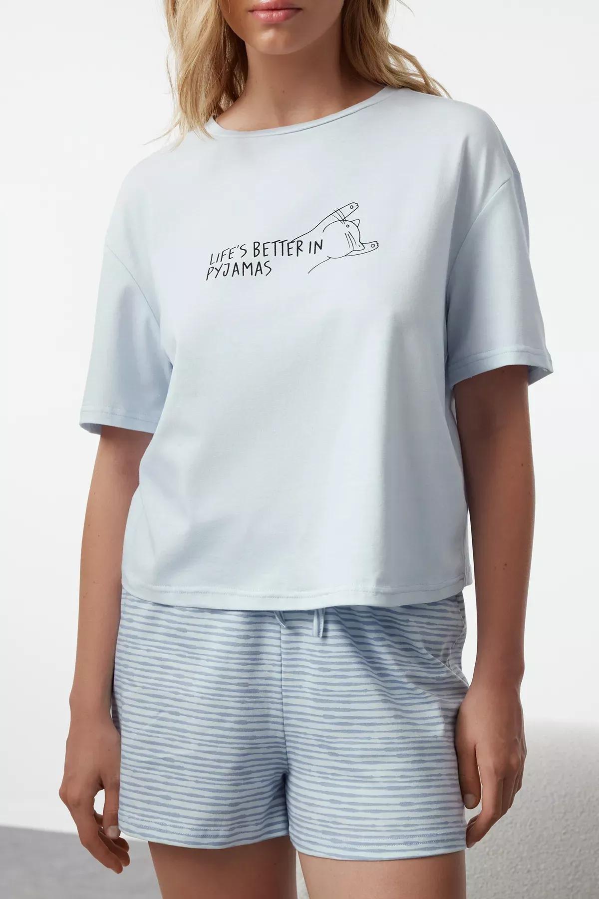 Light Blue Cotton Striped Slogan Printed Knitted Pajama Set THMSS23PT00228, , large image number 2