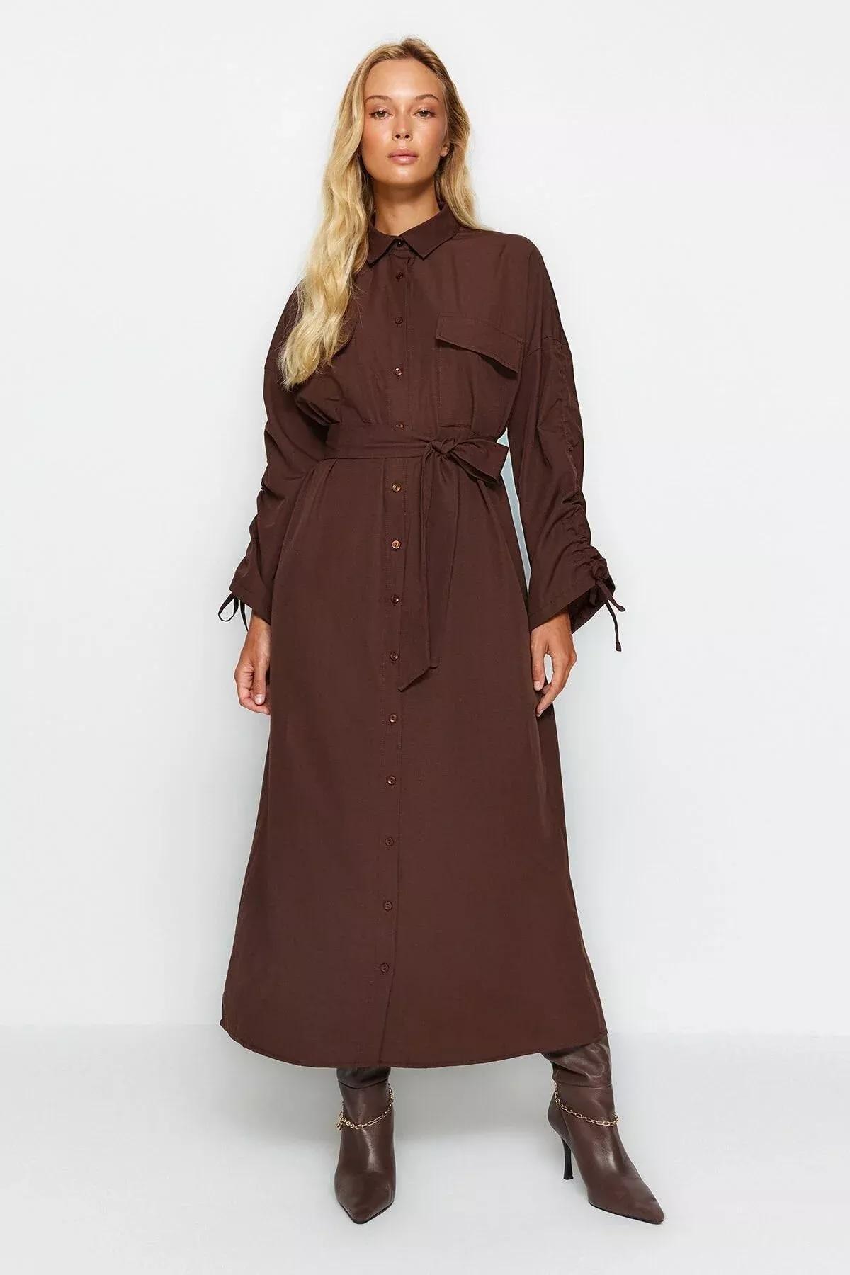 Brown Shirt Dress, Brown, large image number 3
