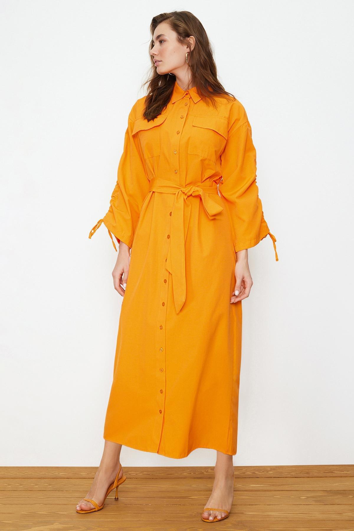 Orange Belted Cotton Shirt Dress, , large image number 0