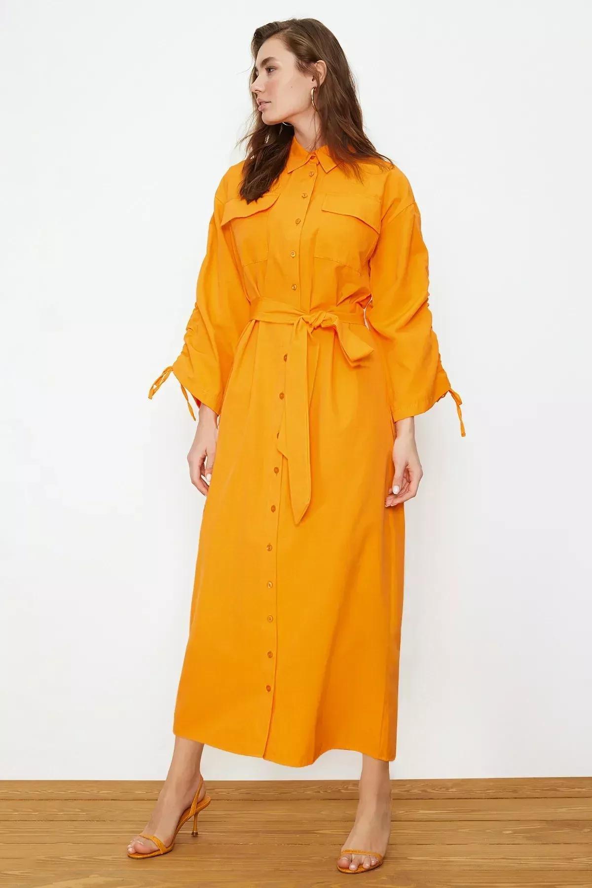 Orange Belted Cotton Shirt Dress, , medium
