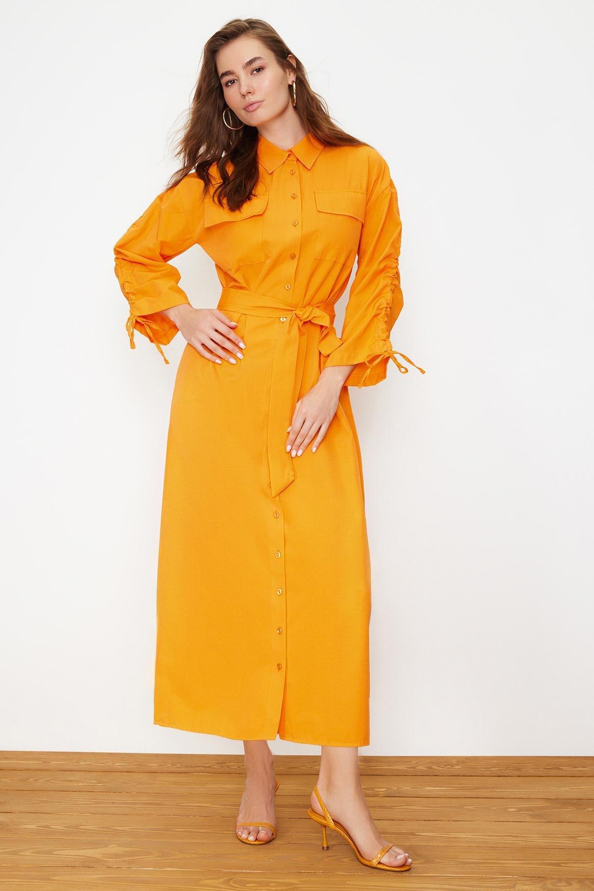 Orange Belted Cotton Shirt Dress, , large image number 1