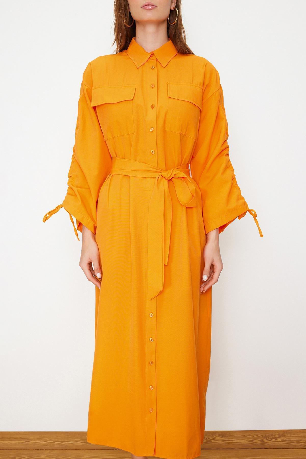 Orange Belted Cotton Shirt Dress, , large image number 2