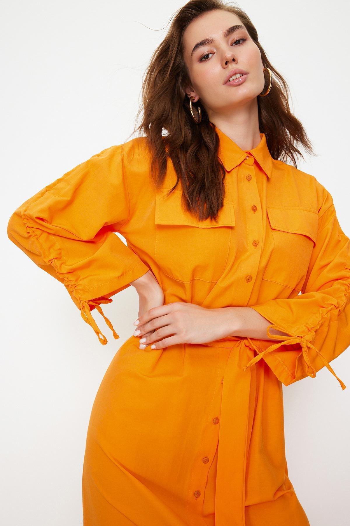 Orange Belted Cotton Shirt Dress, , large image number 3