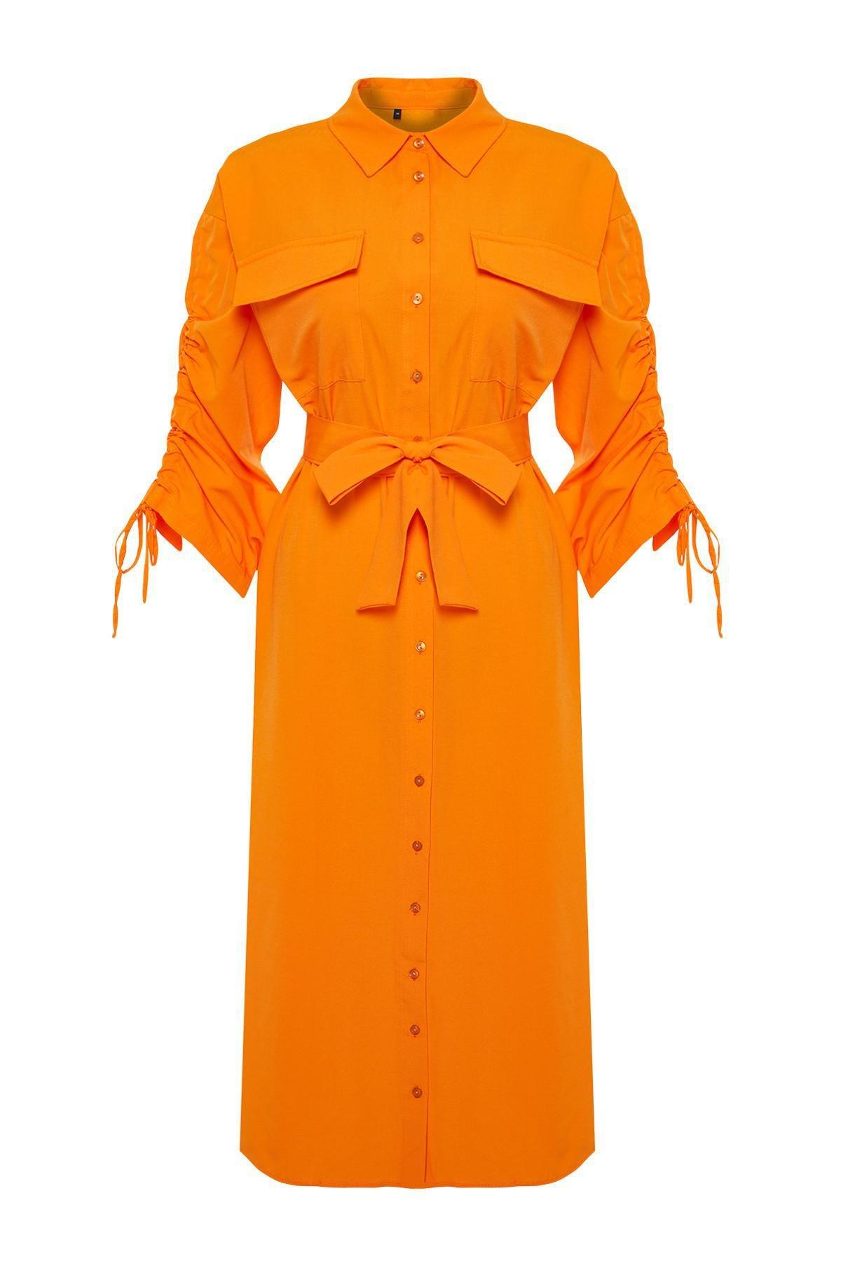 Orange Belted Cotton Shirt Dress, , large image number 5