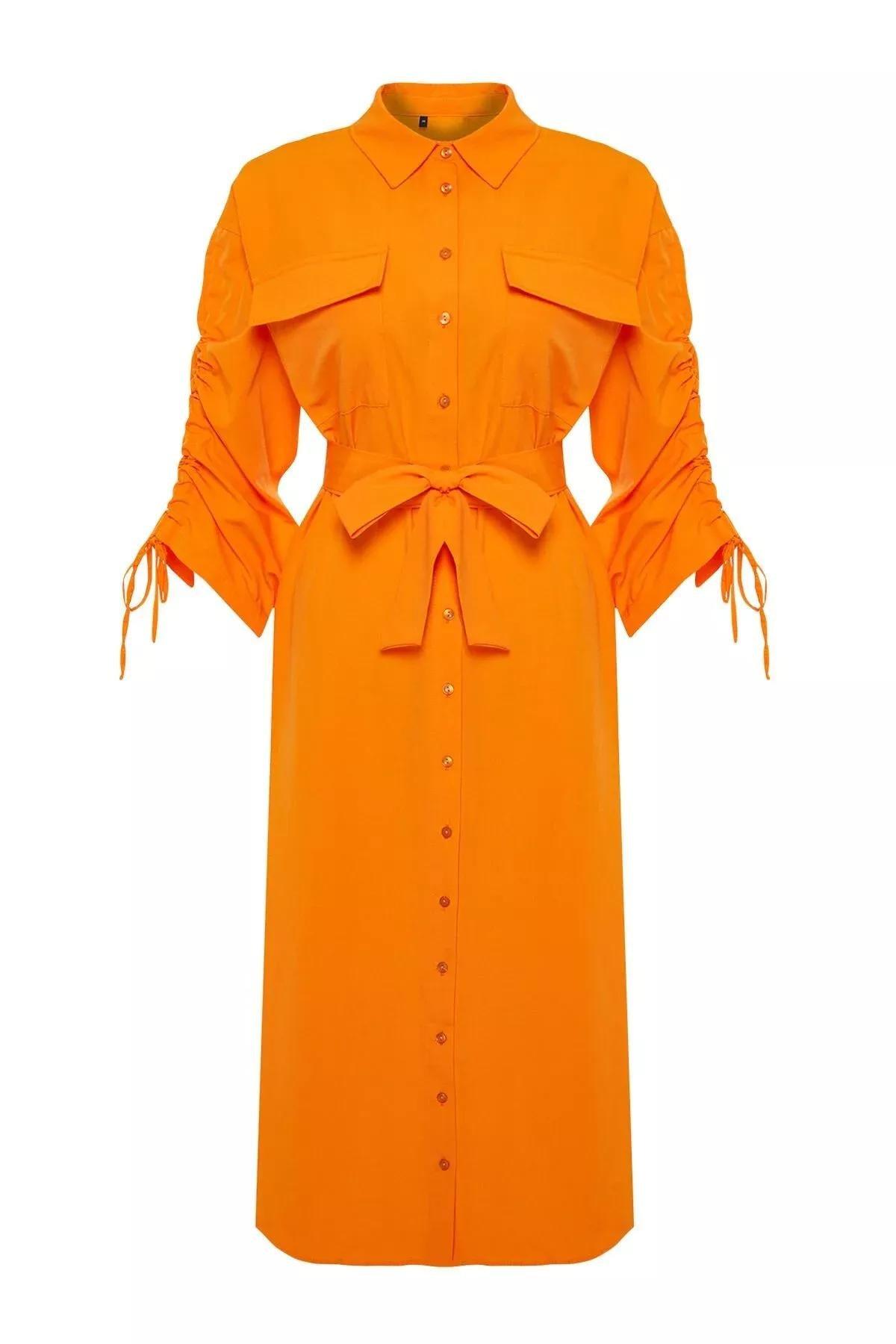 فستان بتصميم قميص من القطن بحزام، برتقالي, Orange, large image number 5