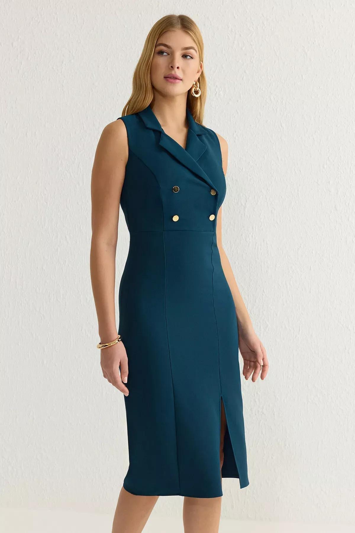 Blue Bodycon Collar Midi Dress, , large image number 0
