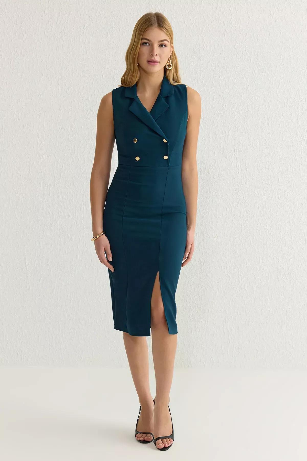 Blue Bodycon Collar Midi Dress, , large image number 1
