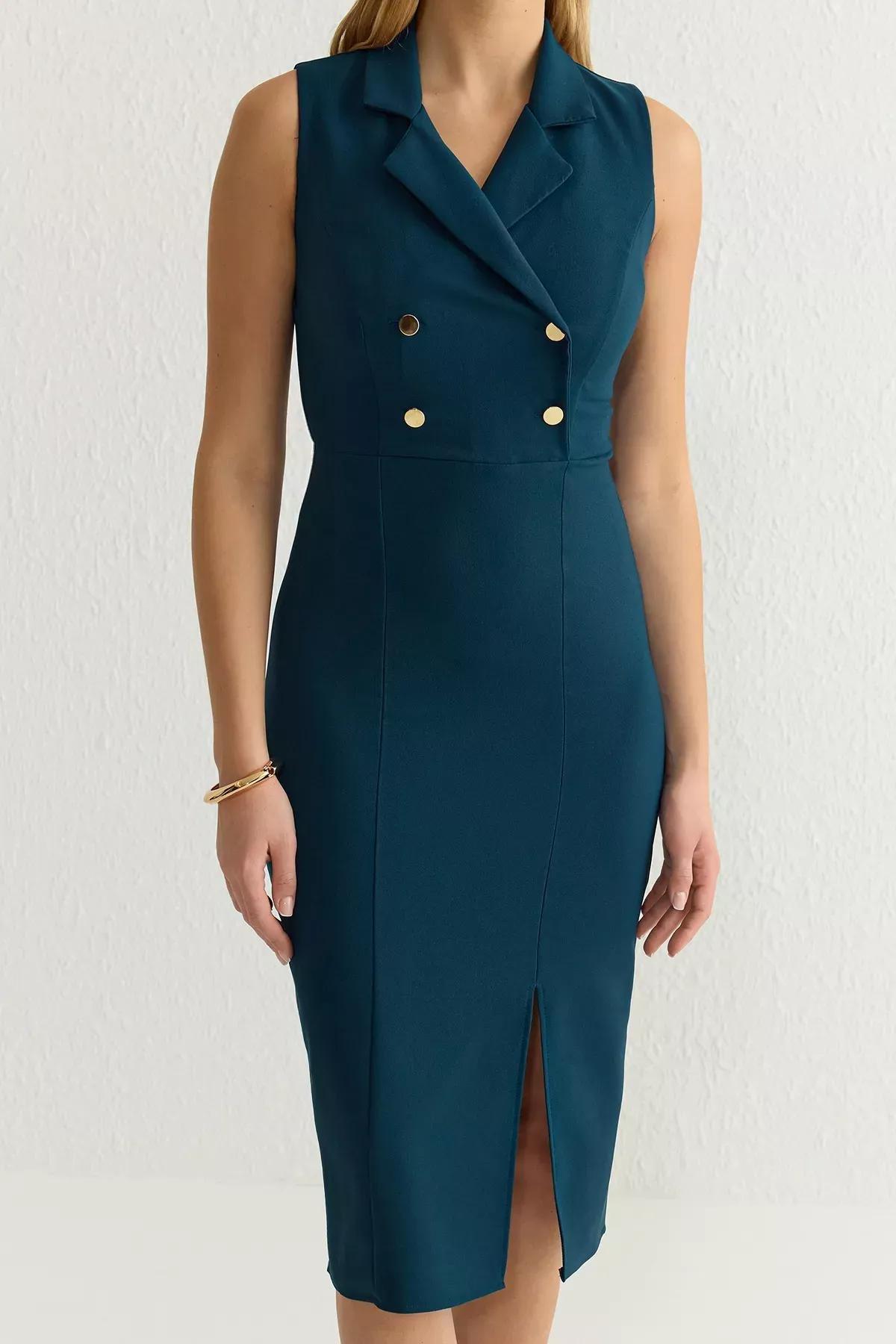 Blue Bodycon Collar Midi Dress, , large image number 2