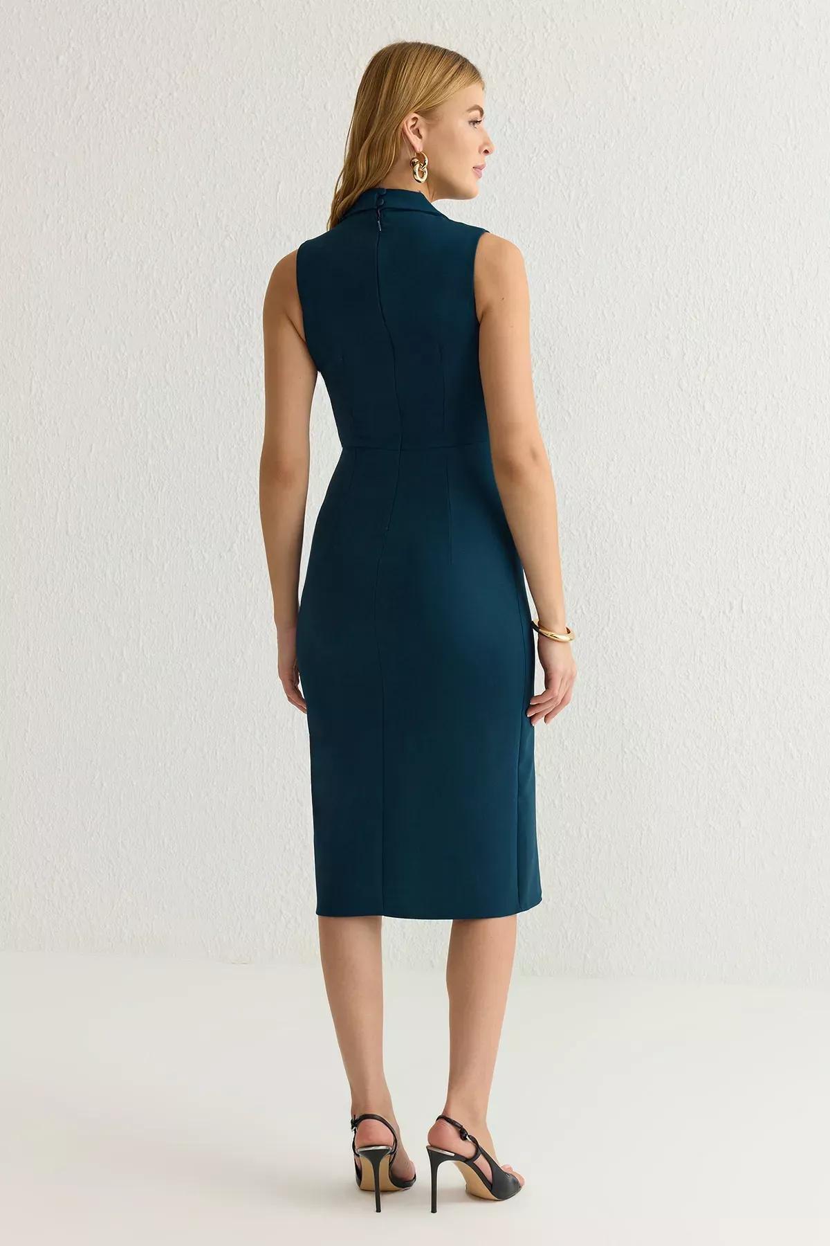 Blue Bodycon Collar Midi Dress, , large image number 4