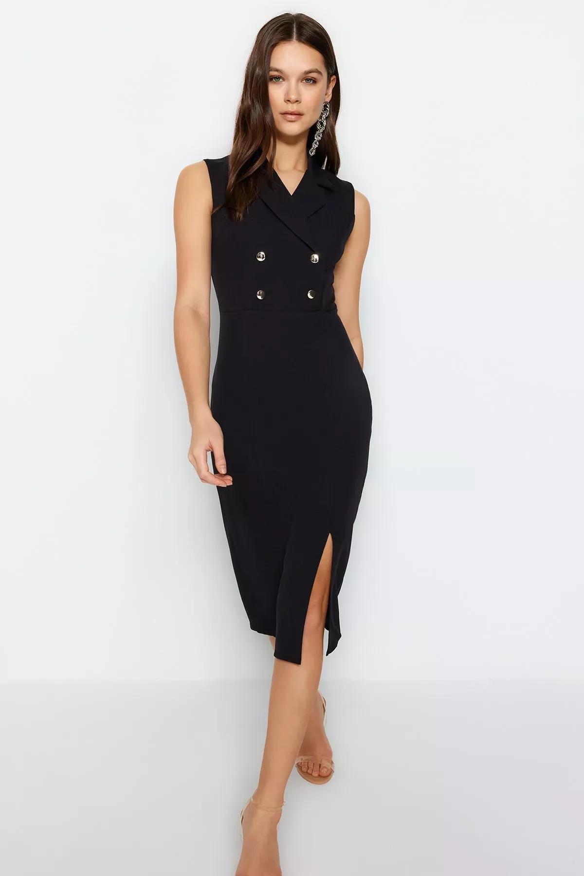 Black Sleeveless Midi Dress, Black, large image number 0
