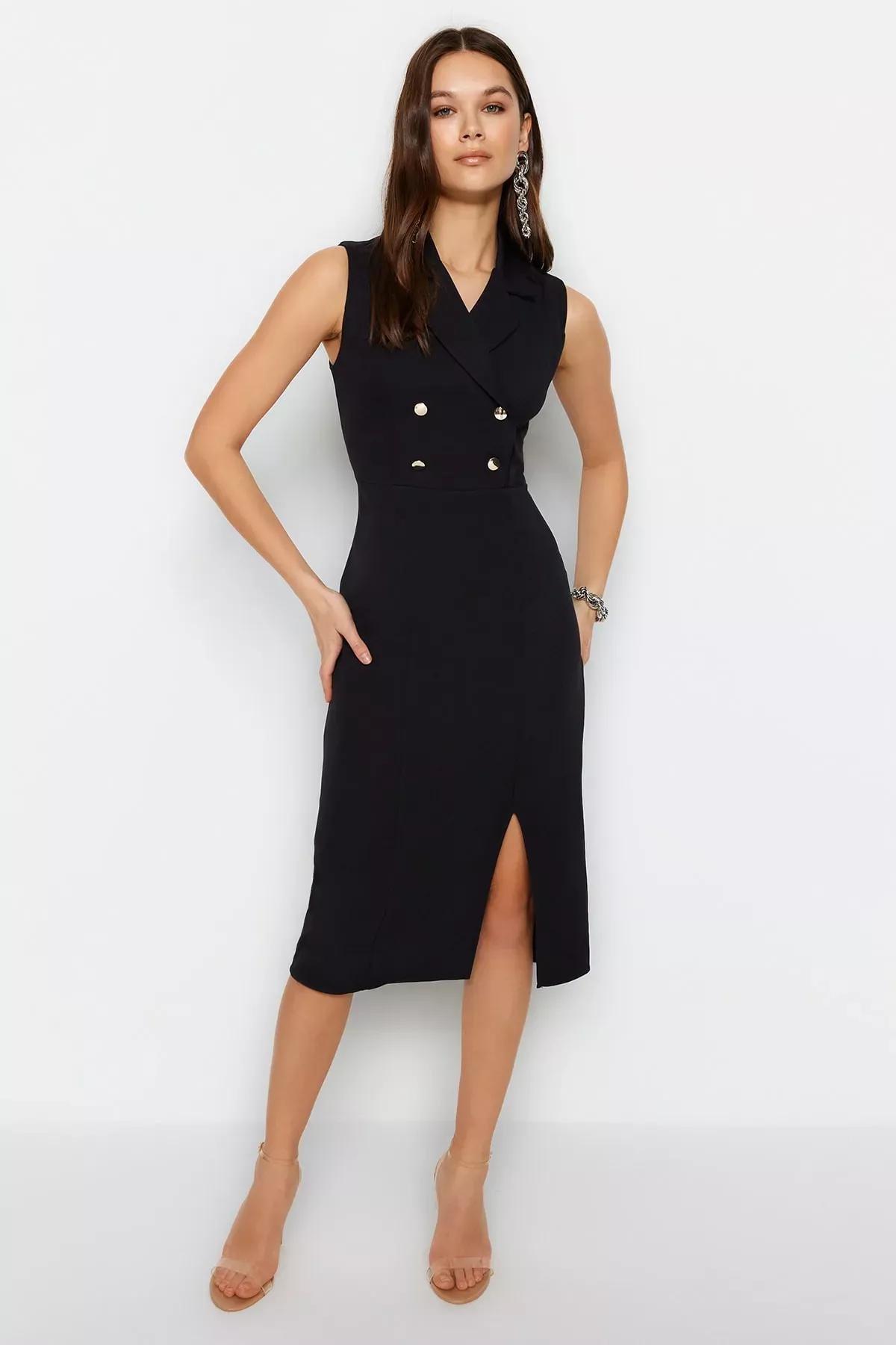 Black Sleeveless Midi Dress, Black, large image number 1