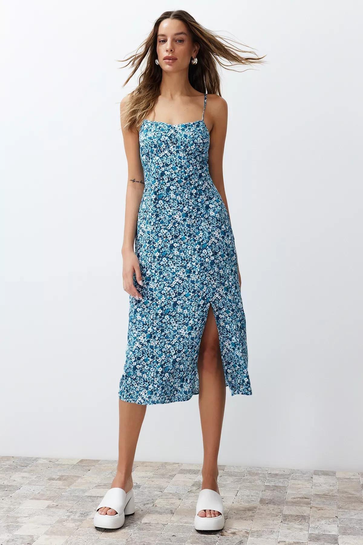 Blue Floral Romantic Midi Dress, C101_5645, large image number 0