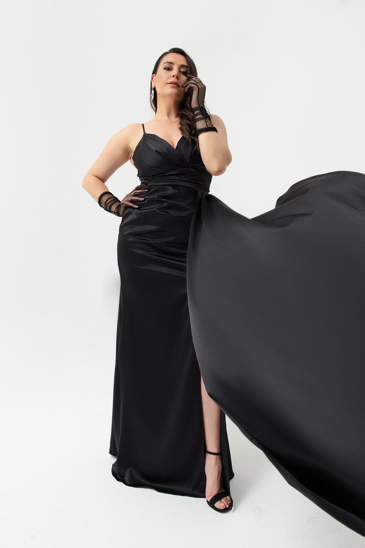 Lafaba - Black Oversize Satin Long Occasion Wear Dress