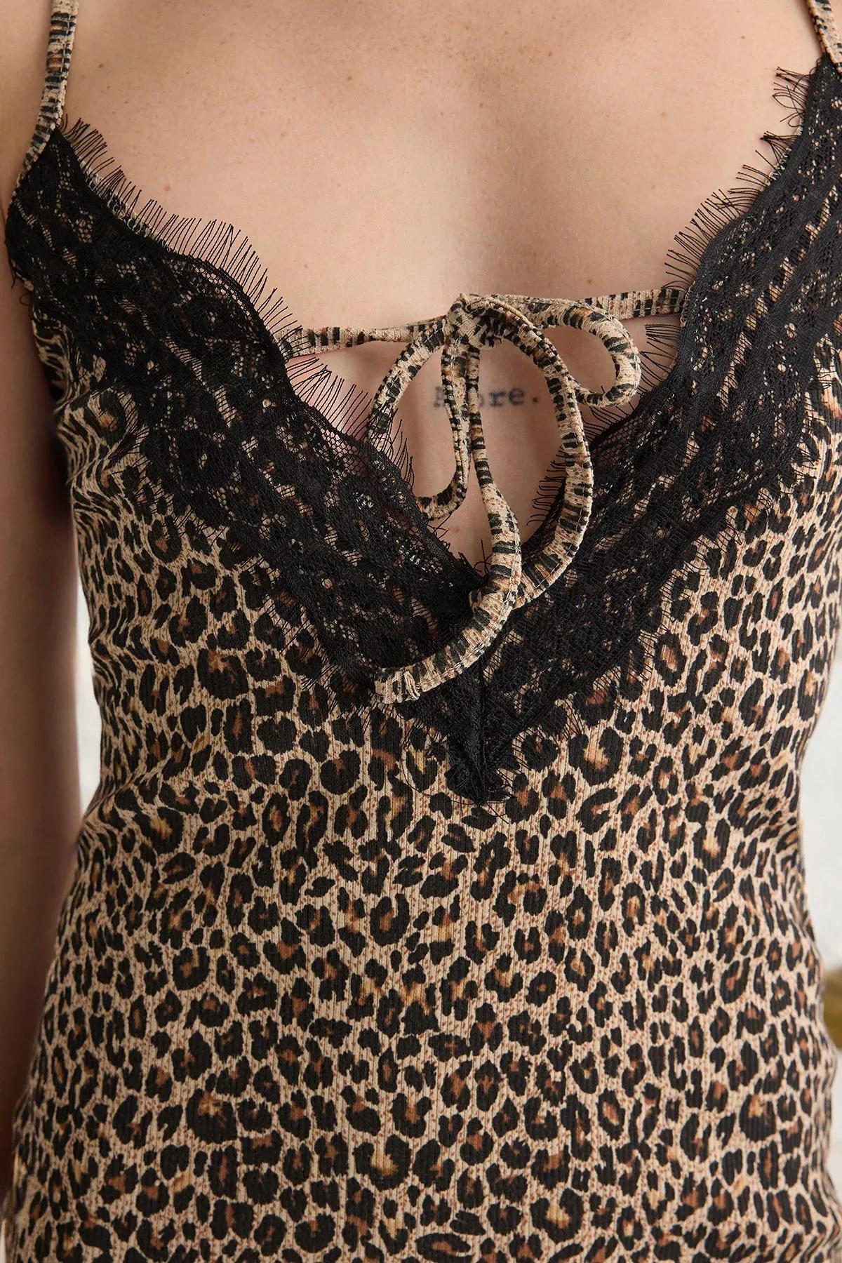 Brown Leopard Lace Tie Detail Nightgown, , large image number 3