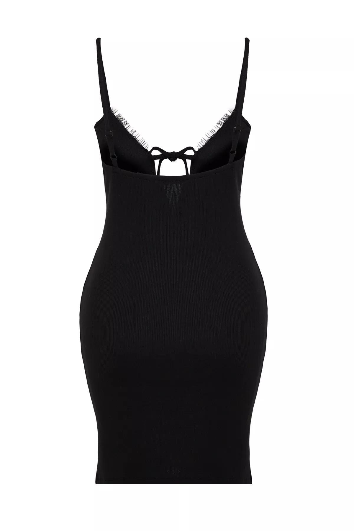 Black Lace And Tie Ribbed Knitted Nightgown, BLACK, large image number 7