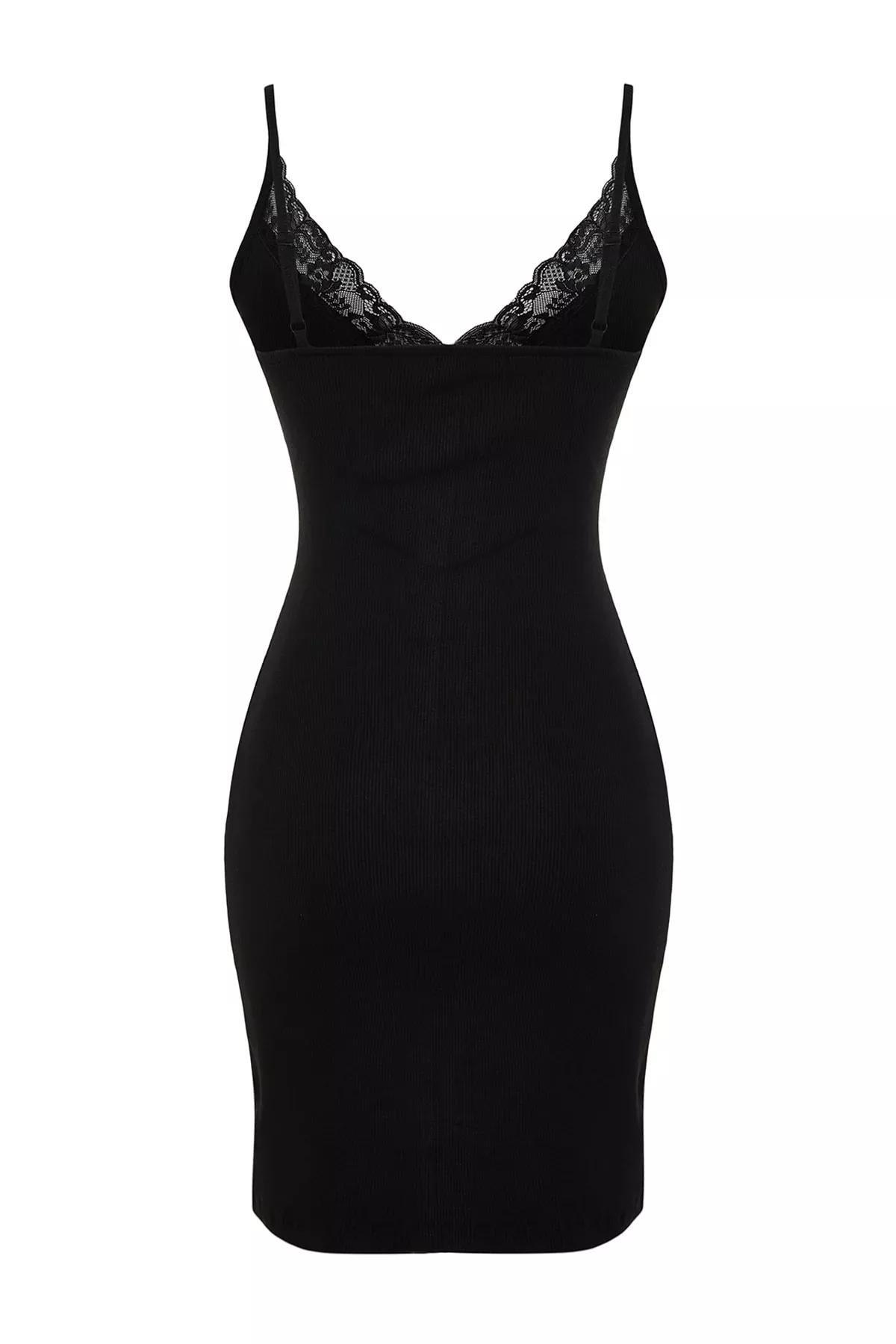 Black Fitted V-Neck Nightgown, Black, large image number 7