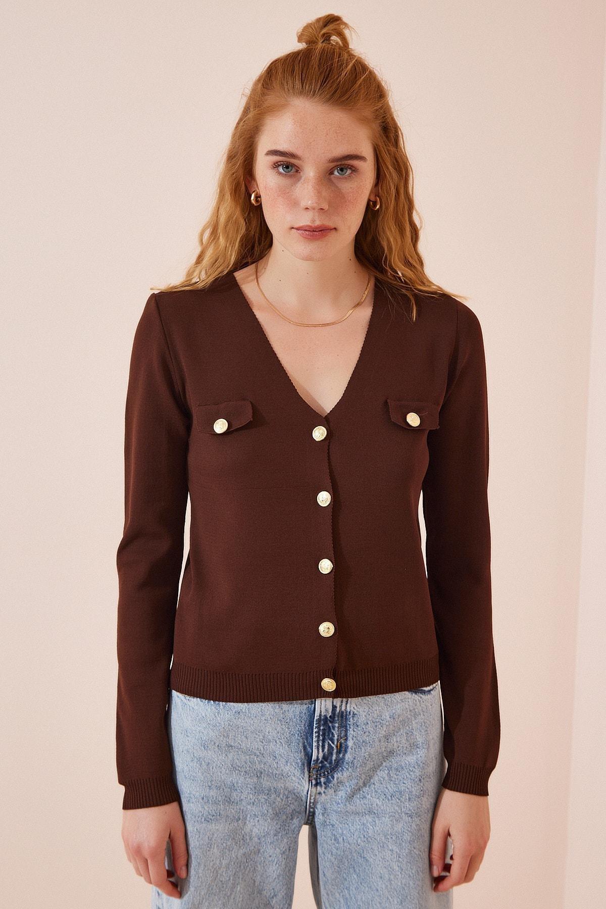 Brown V-Neck Knitwear Cardigan, Brown, large image number 2