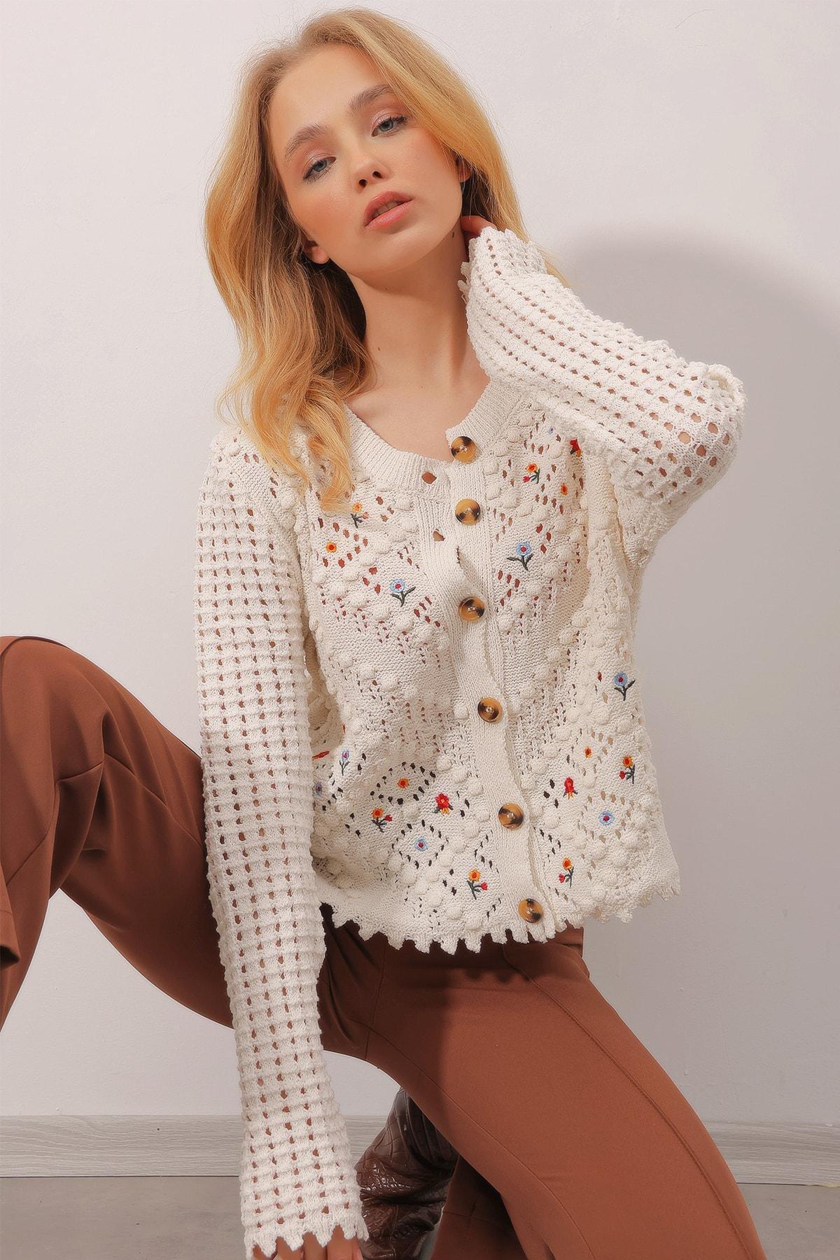 Beige Ajoure Crew Neck Cardigan, C101_6997, large image number 0