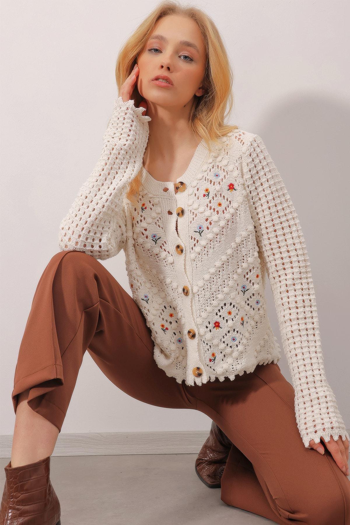 Beige Ajoure Crew Neck Cardigan, C101_6997, large image number 1