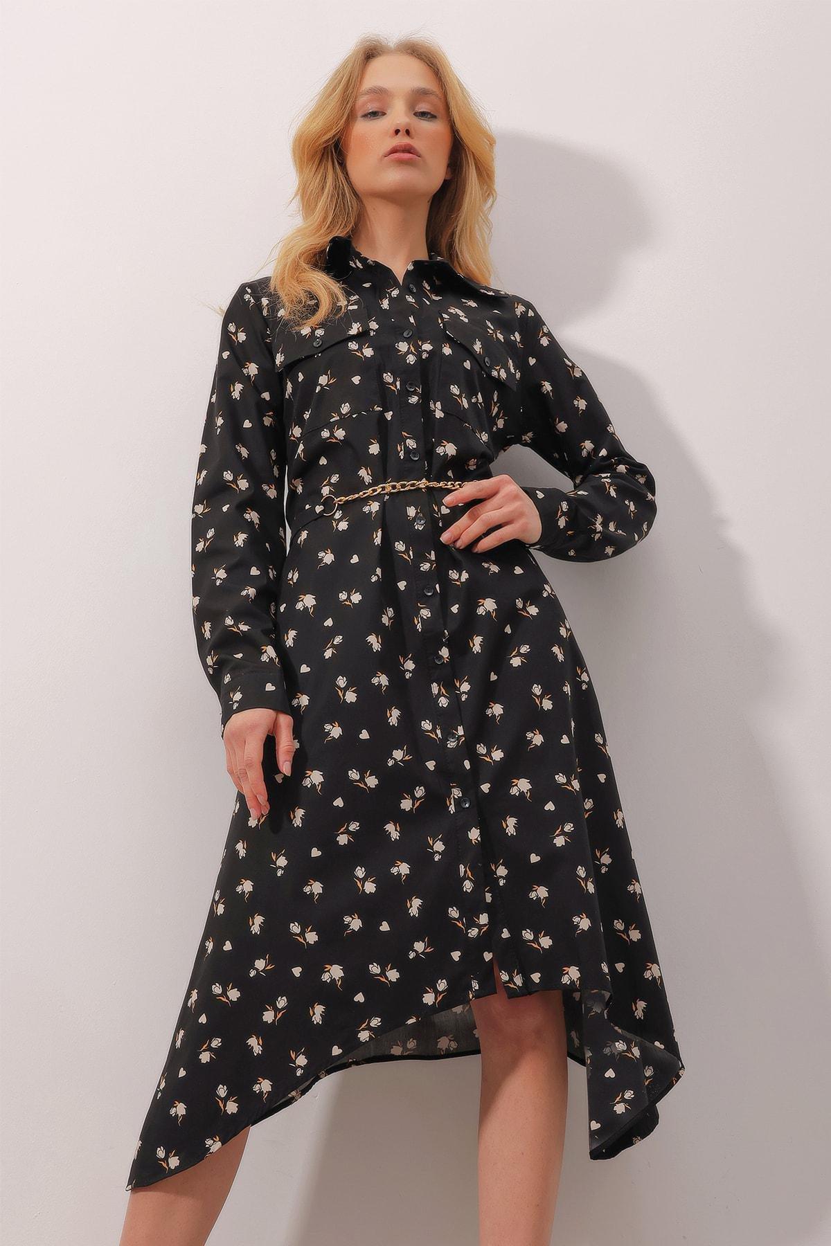 Black Shirt Collar A-Line Dress, BLACK, large image number 0