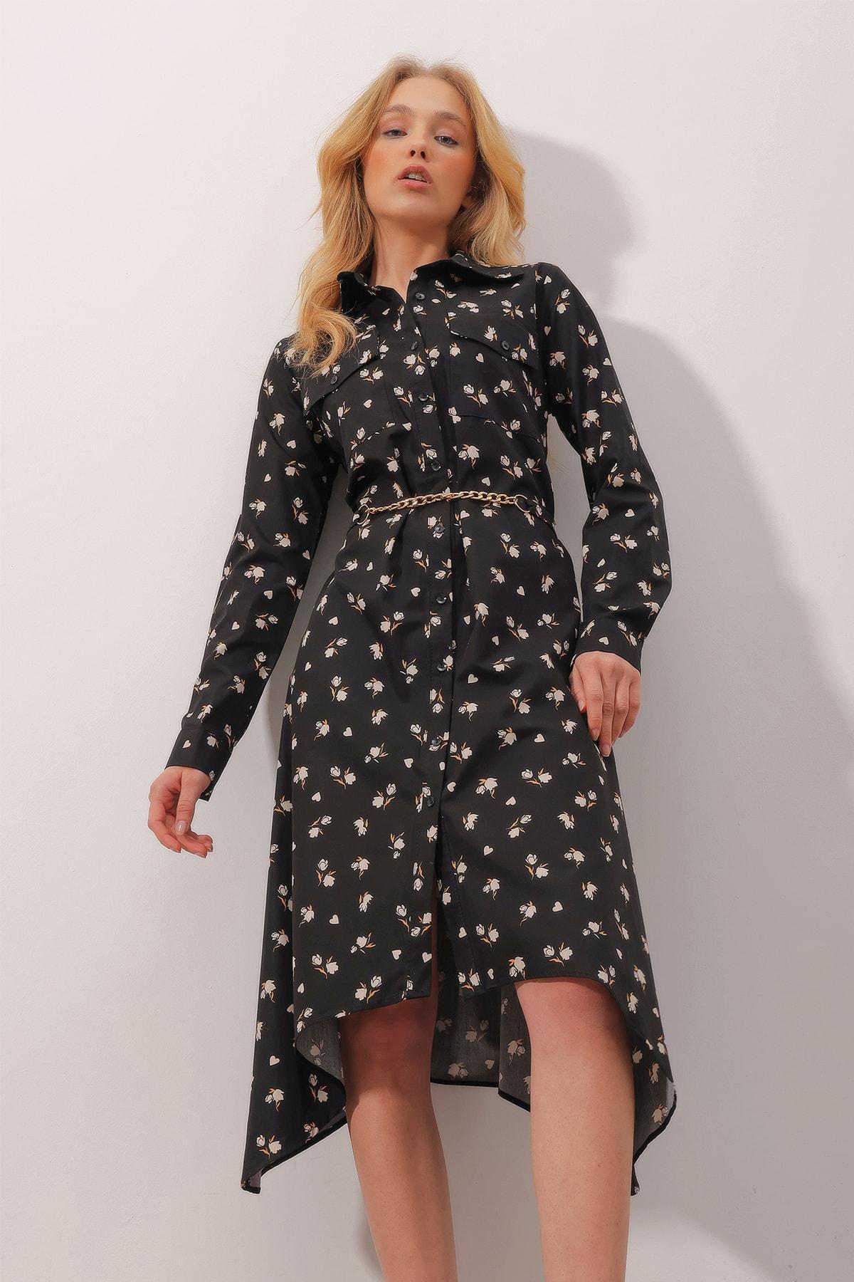 Black Shirt Collar A-Line Dress, BLACK, large image number 1