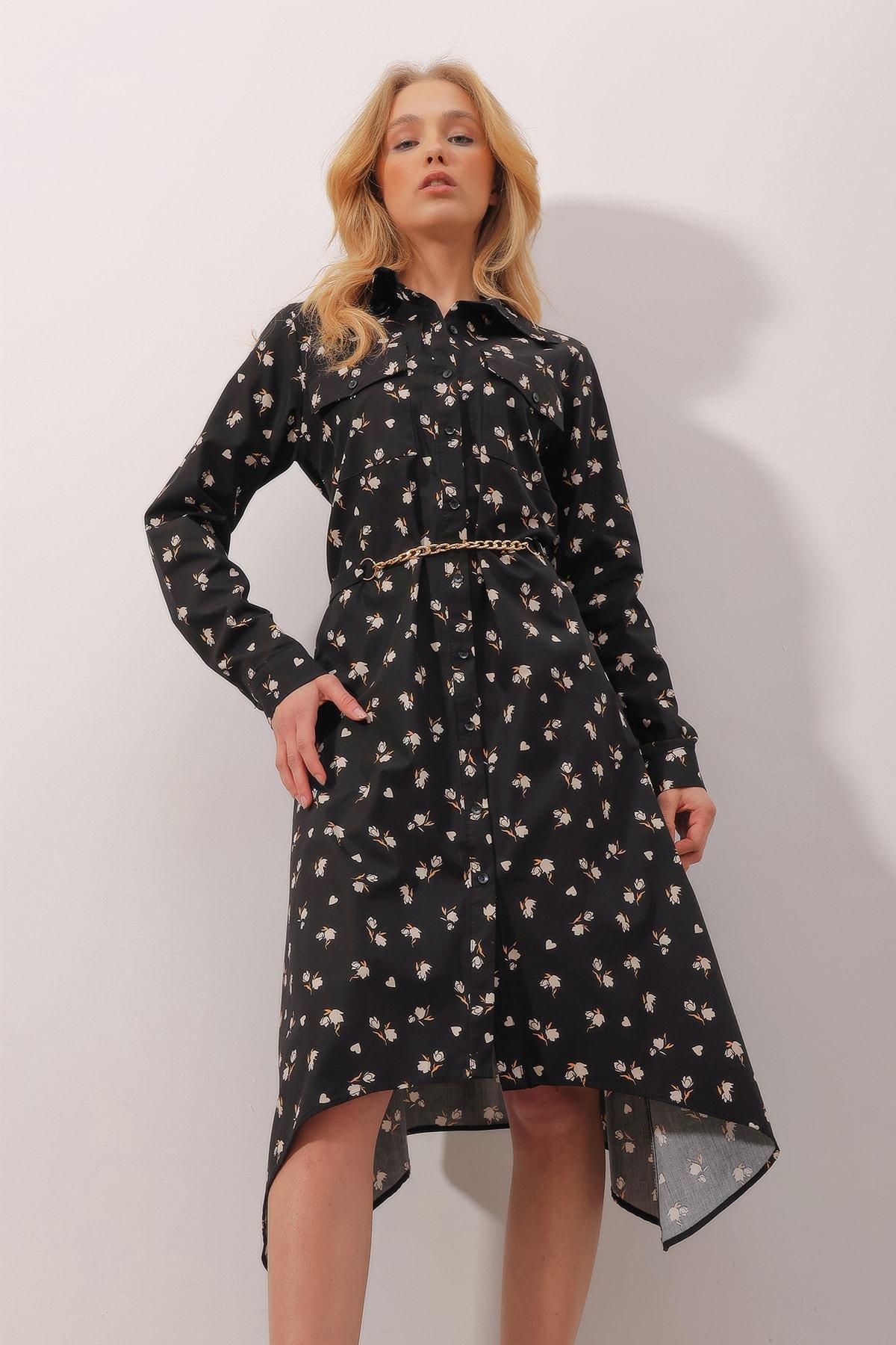 Black Shirt Collar A-Line Dress, BLACK, large image number 3