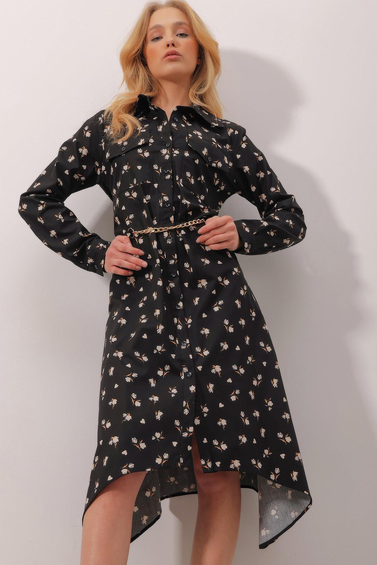 Black Shirt Collar A-Line Dress, BLACK, large image number 4