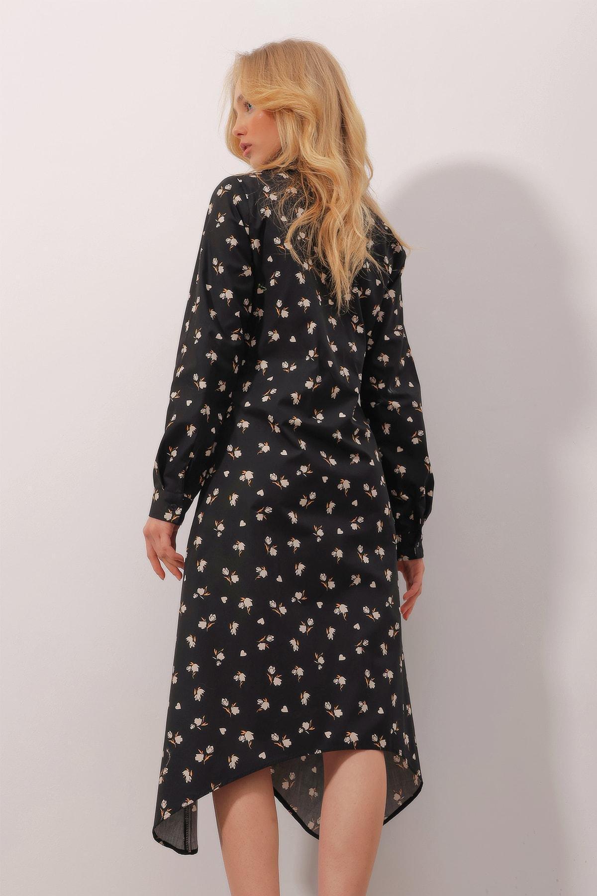 Black Shirt Collar A-Line Dress, BLACK, large image number 5