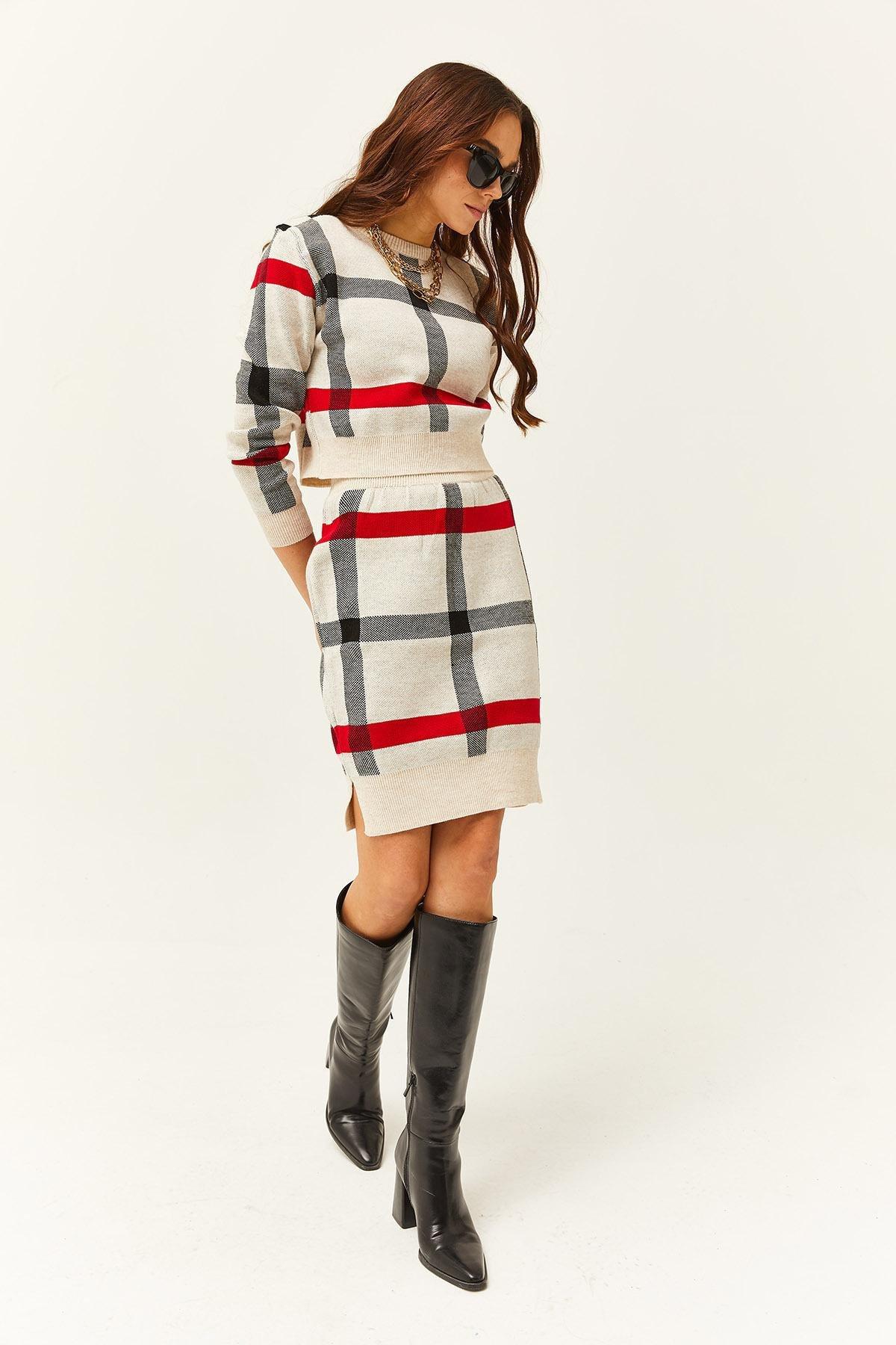 Womens Stone Top Crop Sweater Bottom Slit Skirt Suit TKM-19000184, 2s, STONE, large image number 1