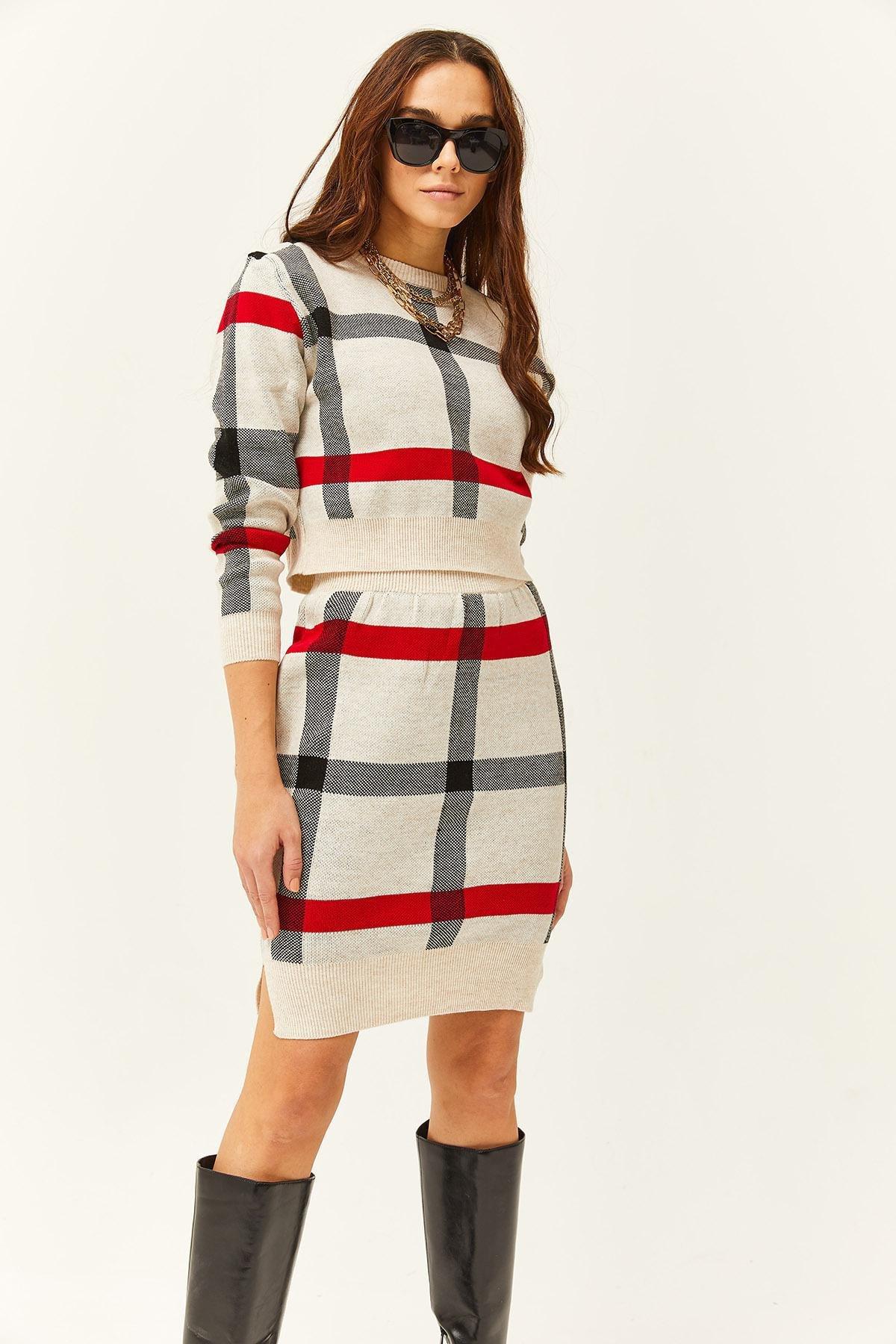 Womens Stone Top Crop Sweater Bottom Slit Skirt Suit TKM-19000184, 2s, STONE, large image number 2