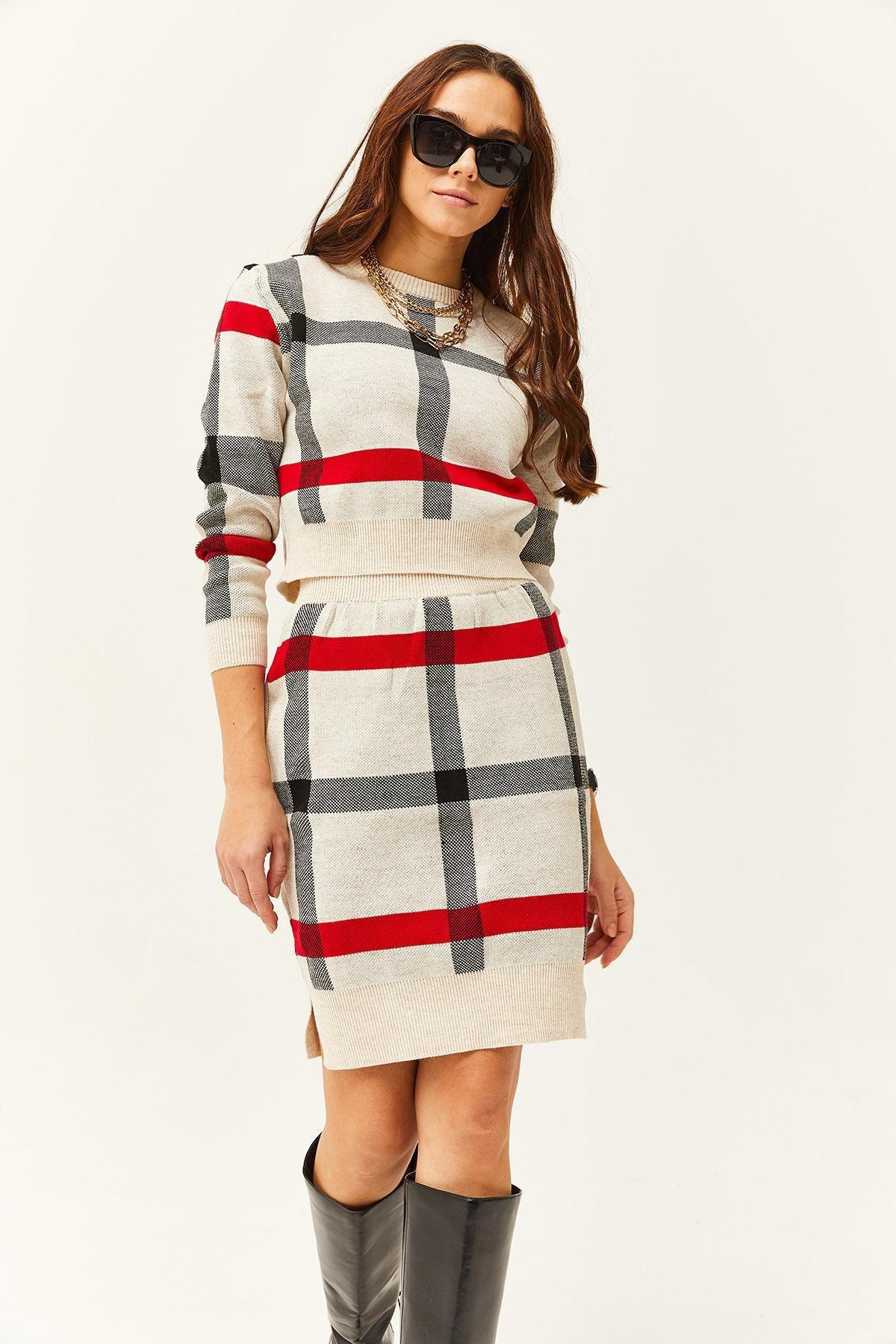 Womens Stone Top Crop Sweater Bottom Slit Skirt Suit TKM-19000184, 2s, STONE, large image number 3