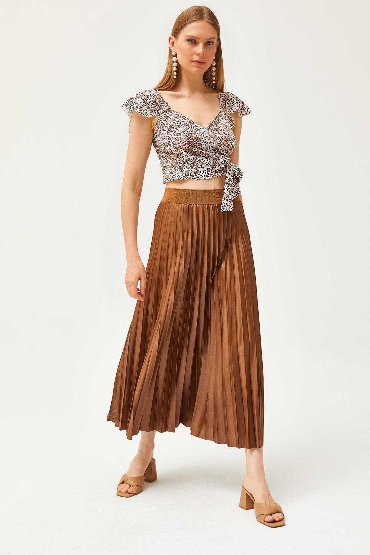 Brown Leather Look A-Line Pleat Skirt, , large image number 0
