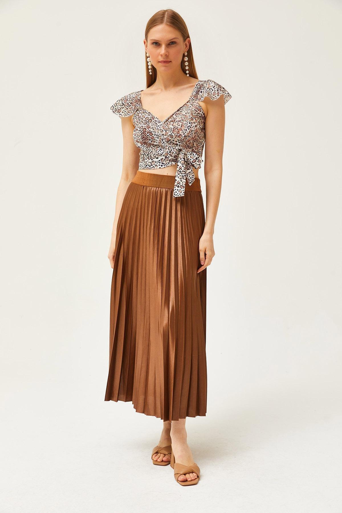 Brown Leather Look A-Line Pleat Skirt, , large image number 1