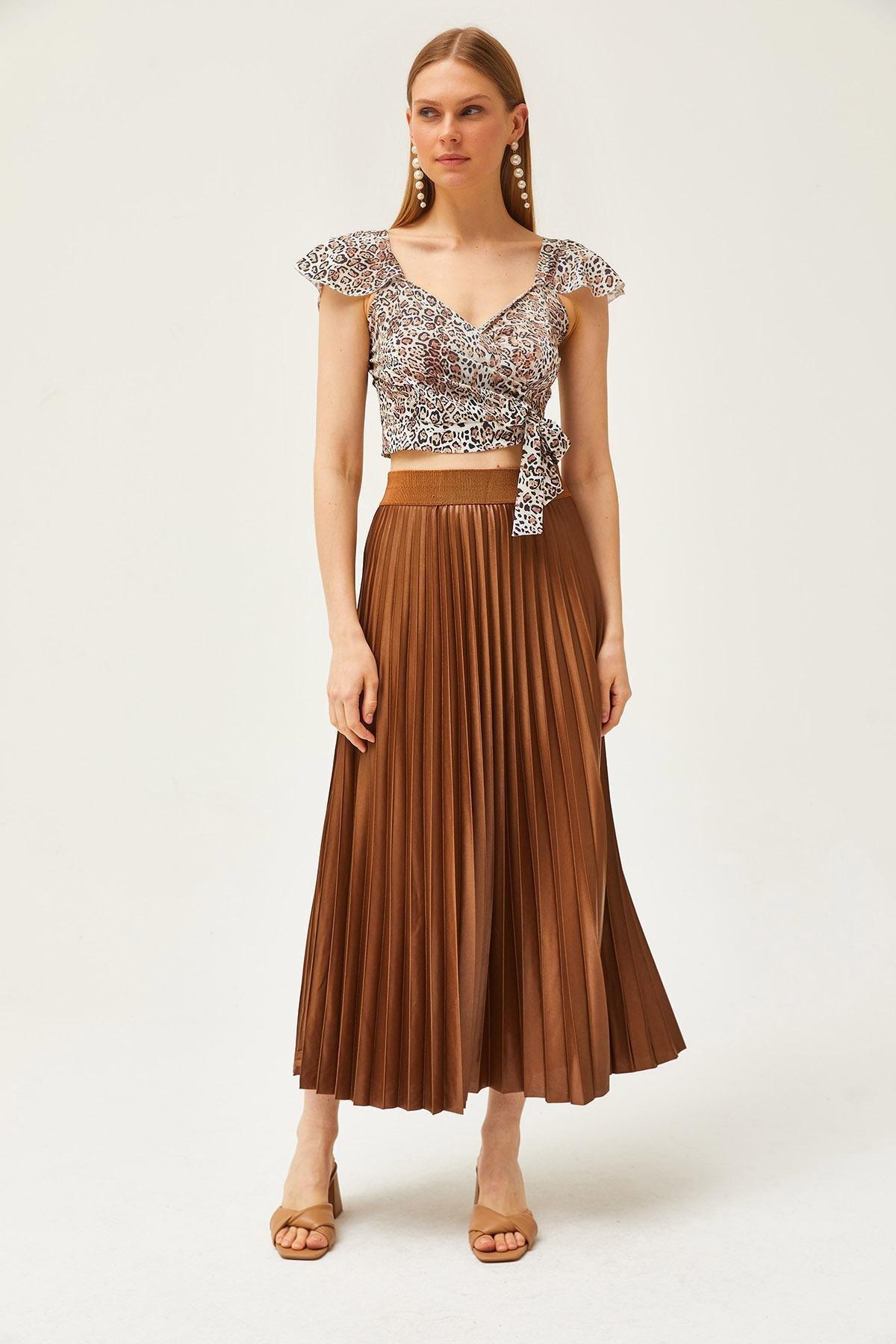 Brown Leather Look A-Line Pleat Skirt, , large image number 2