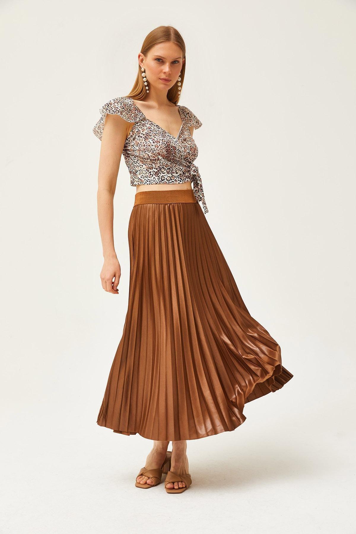 Brown Leather Look A-Line Pleat Skirt, , large image number 3