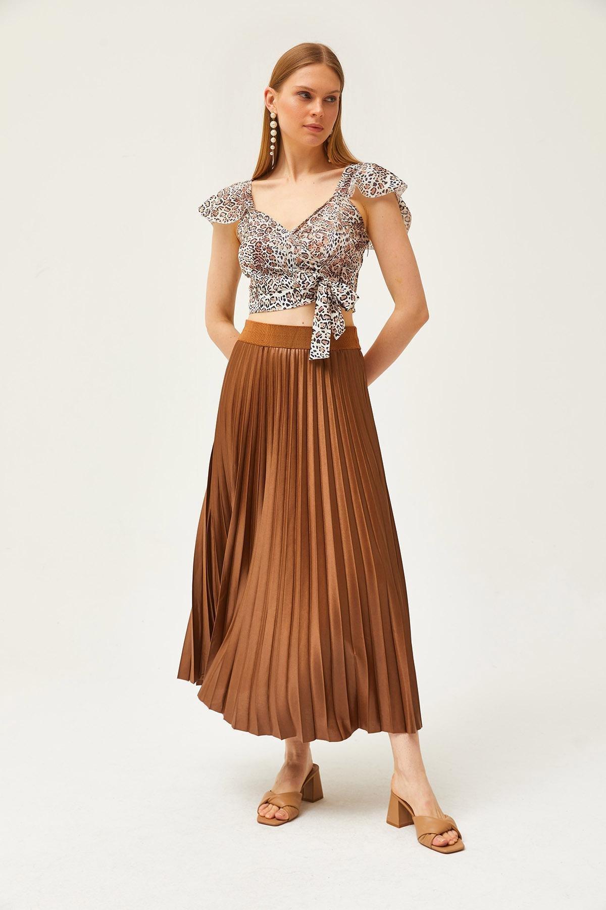 Brown Leather Look A-Line Pleat Skirt, , large image number 4