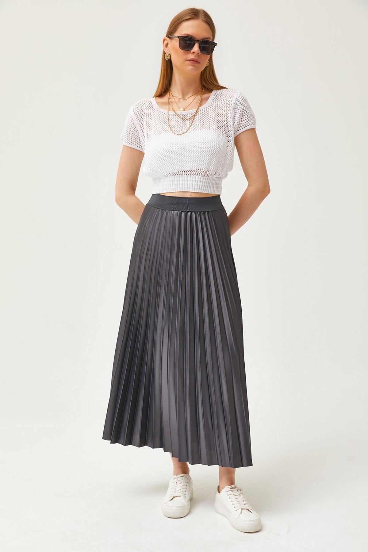 Grey Leather Look Pleat A-Line Skirt, , large image number 0