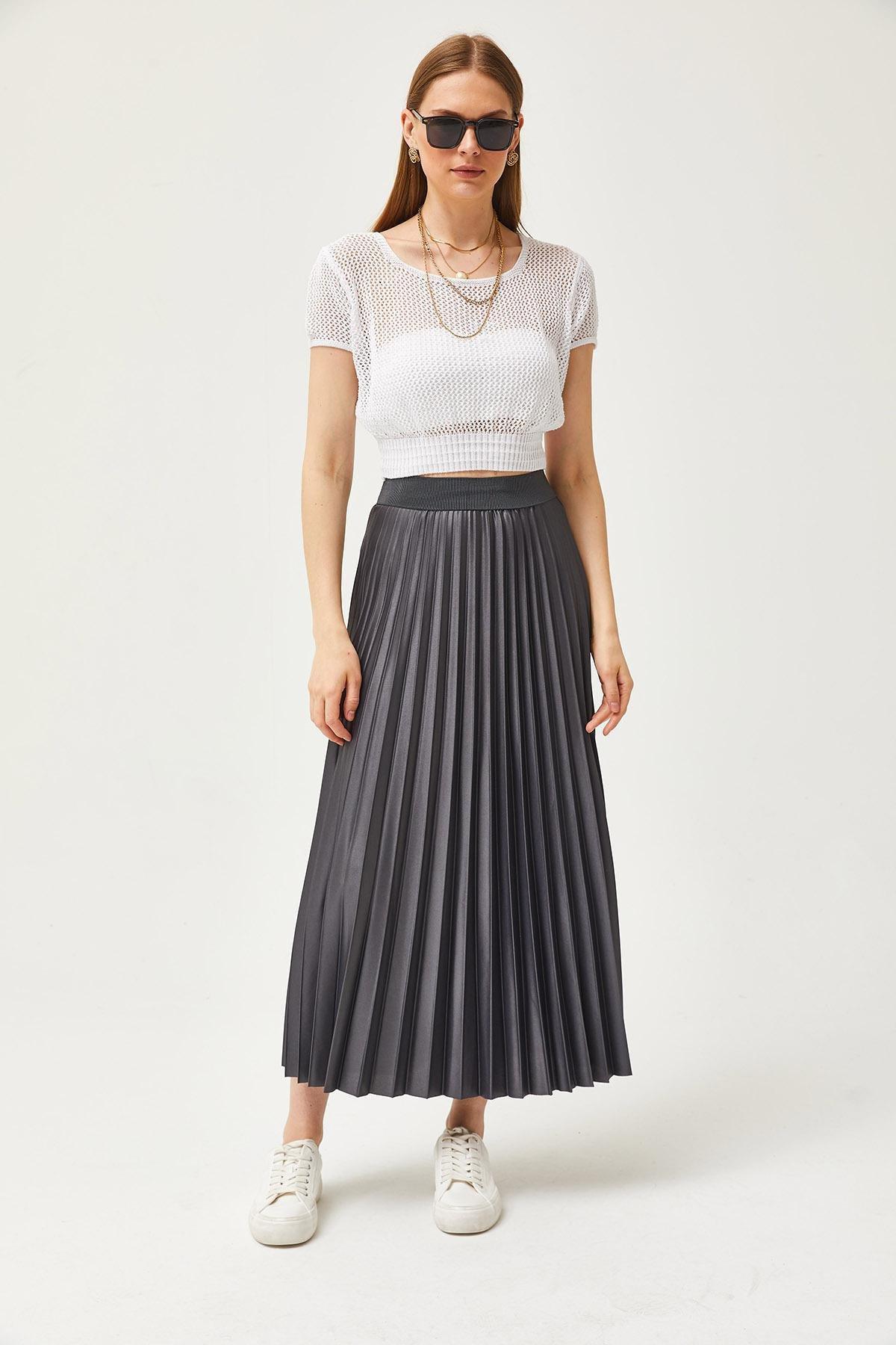 Grey Leather Look Pleat A-Line Skirt, , large image number 1