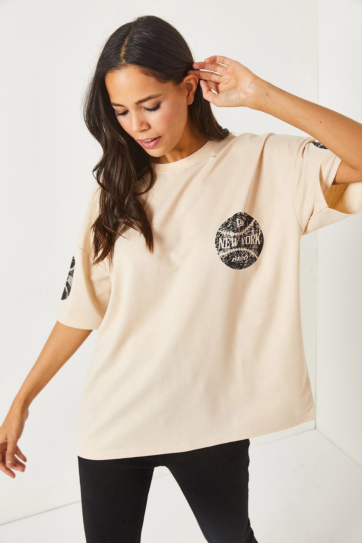 Beige Crew Neck Oversize T-Shirt, New York Beige, medium