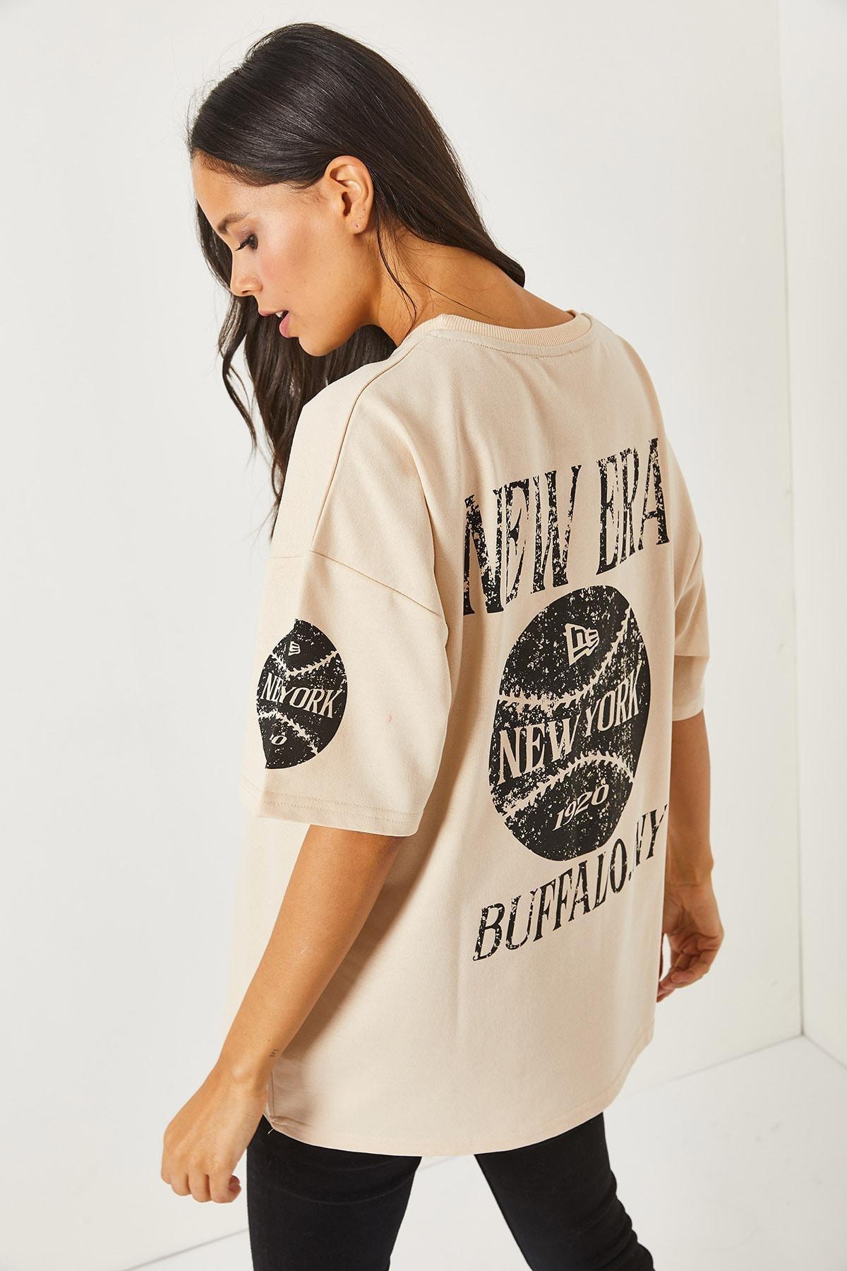 Beige Crew Neck Oversize T-Shirt, New York Beige, large image number 3