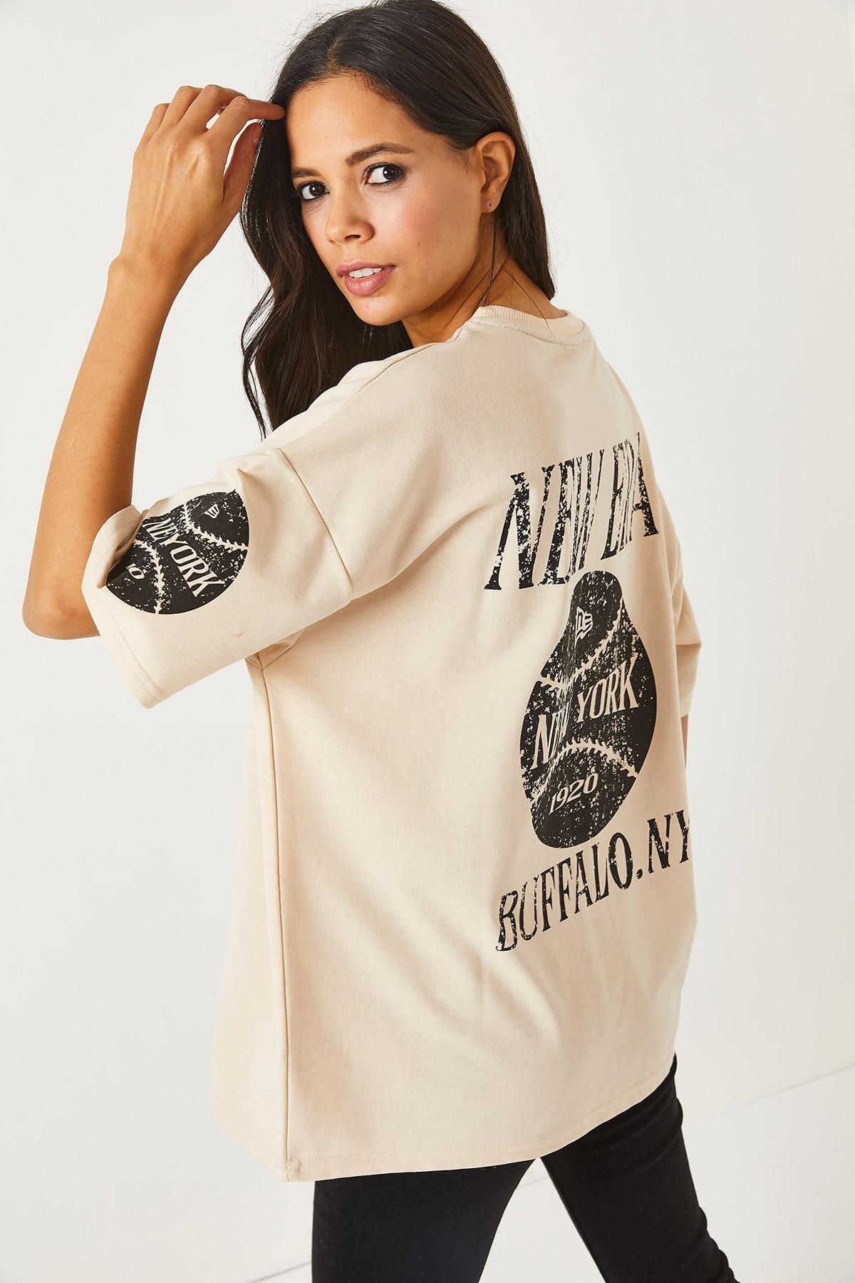 Beige Crew Neck Oversize T-Shirt, New York Beige, large image number 4