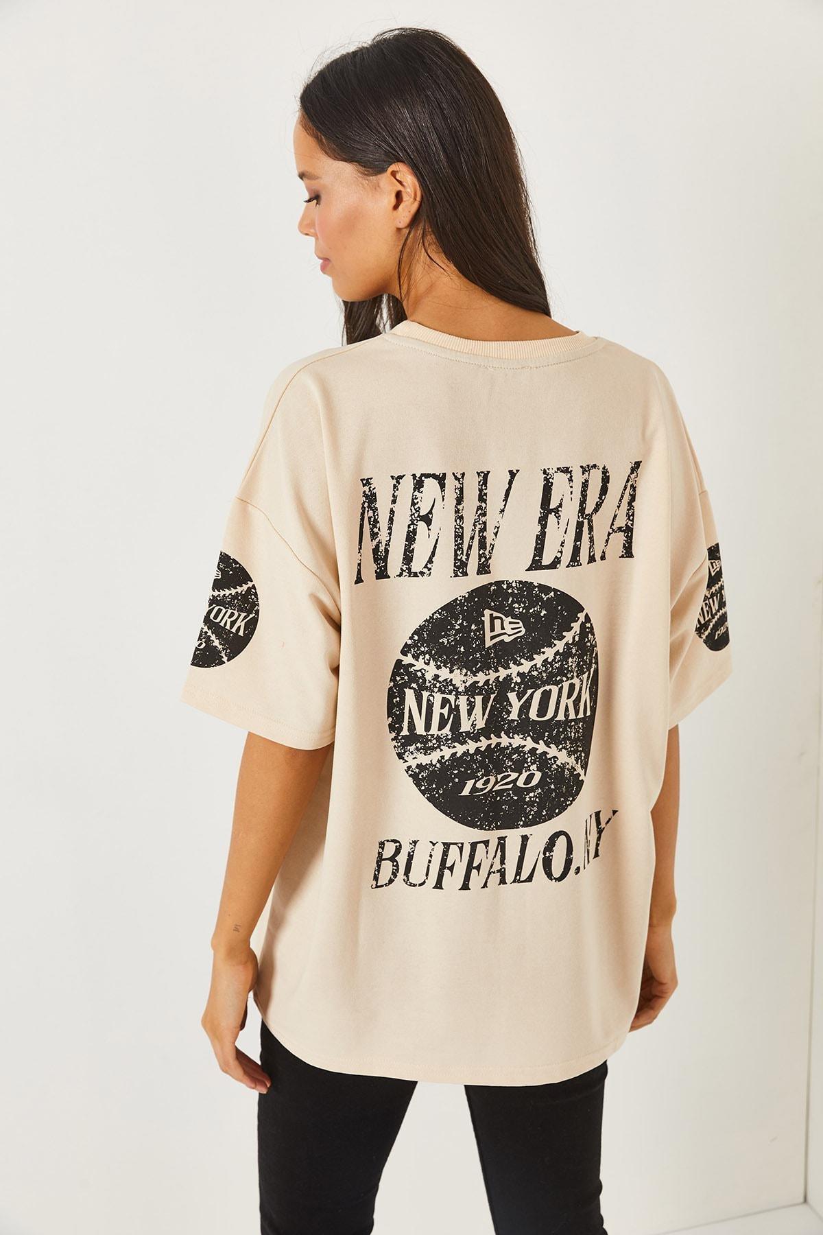 Beige Crew Neck Oversize T-Shirt, New York Beige, large image number 5