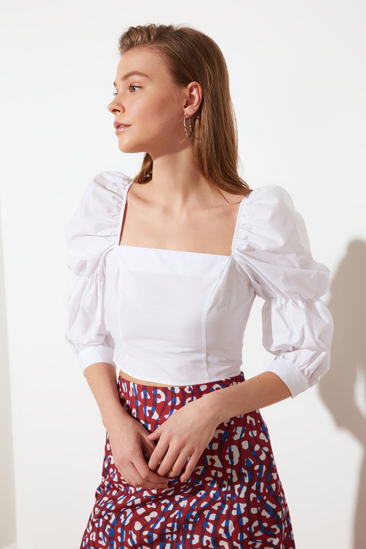 White Fitted Square Collar Blouse, , large image number 0