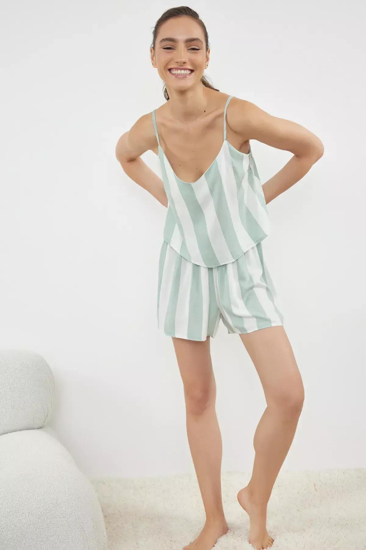 Green-Beige Striped Pyjama Set, , medium