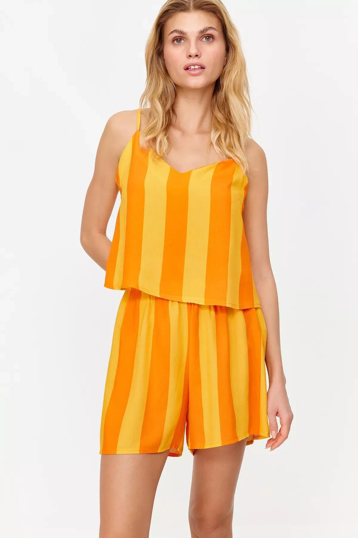 Orange Striped Woven Tank Top, Orange, medium