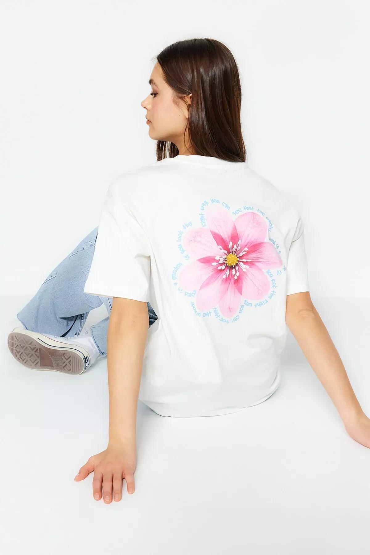 White Floral Crew Neck Relaxed T-Shirt, , medium